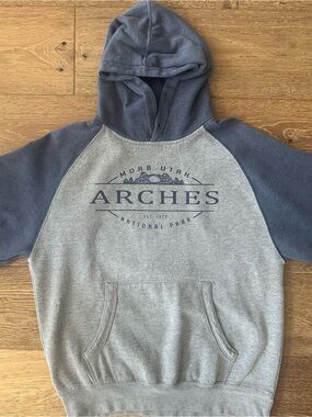 Vintage Prairie Mountain Arches National Park Hoodie Large Moab Utah Raglan Gray